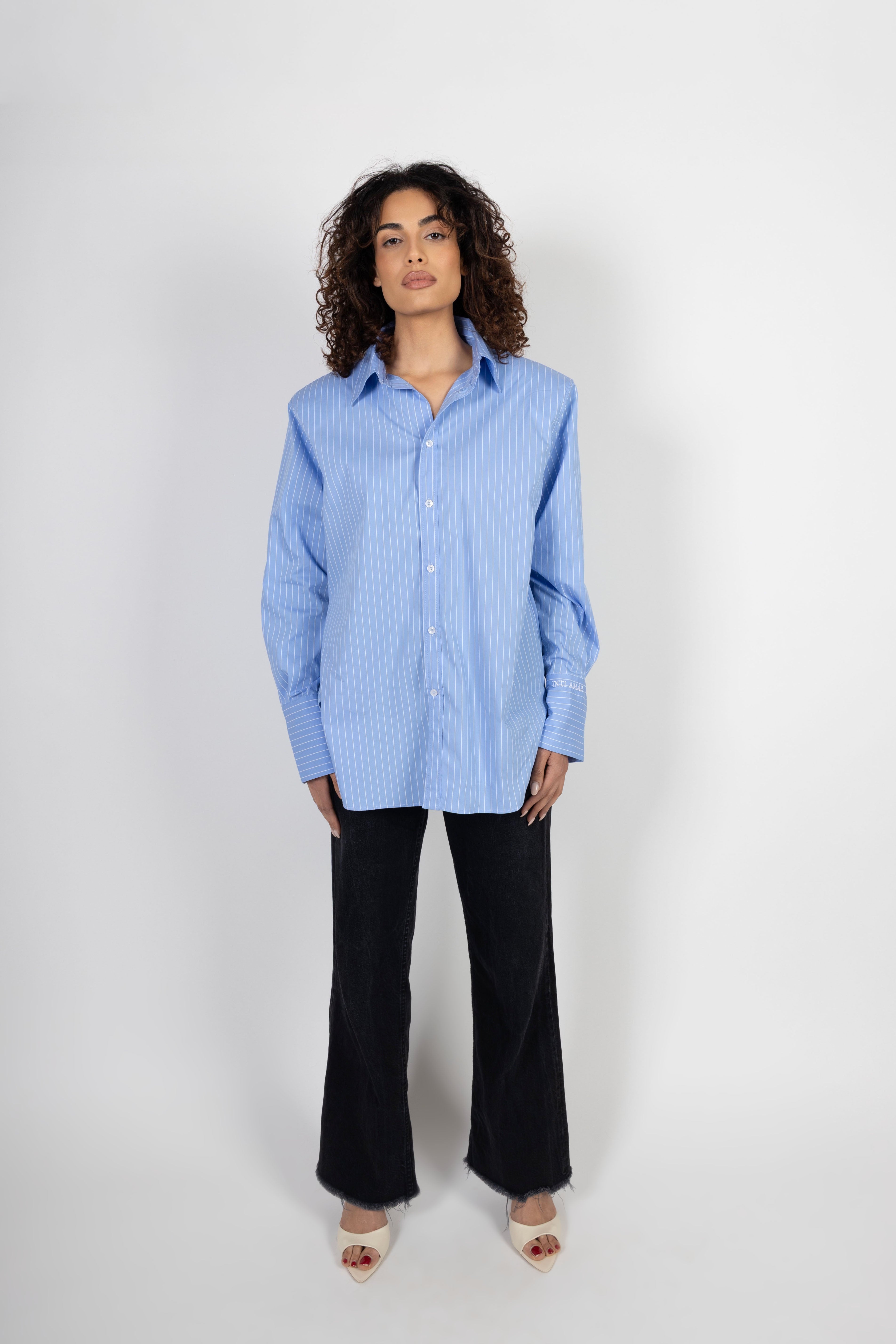 Shoulder Pad Blouse - Blue/White Stripe