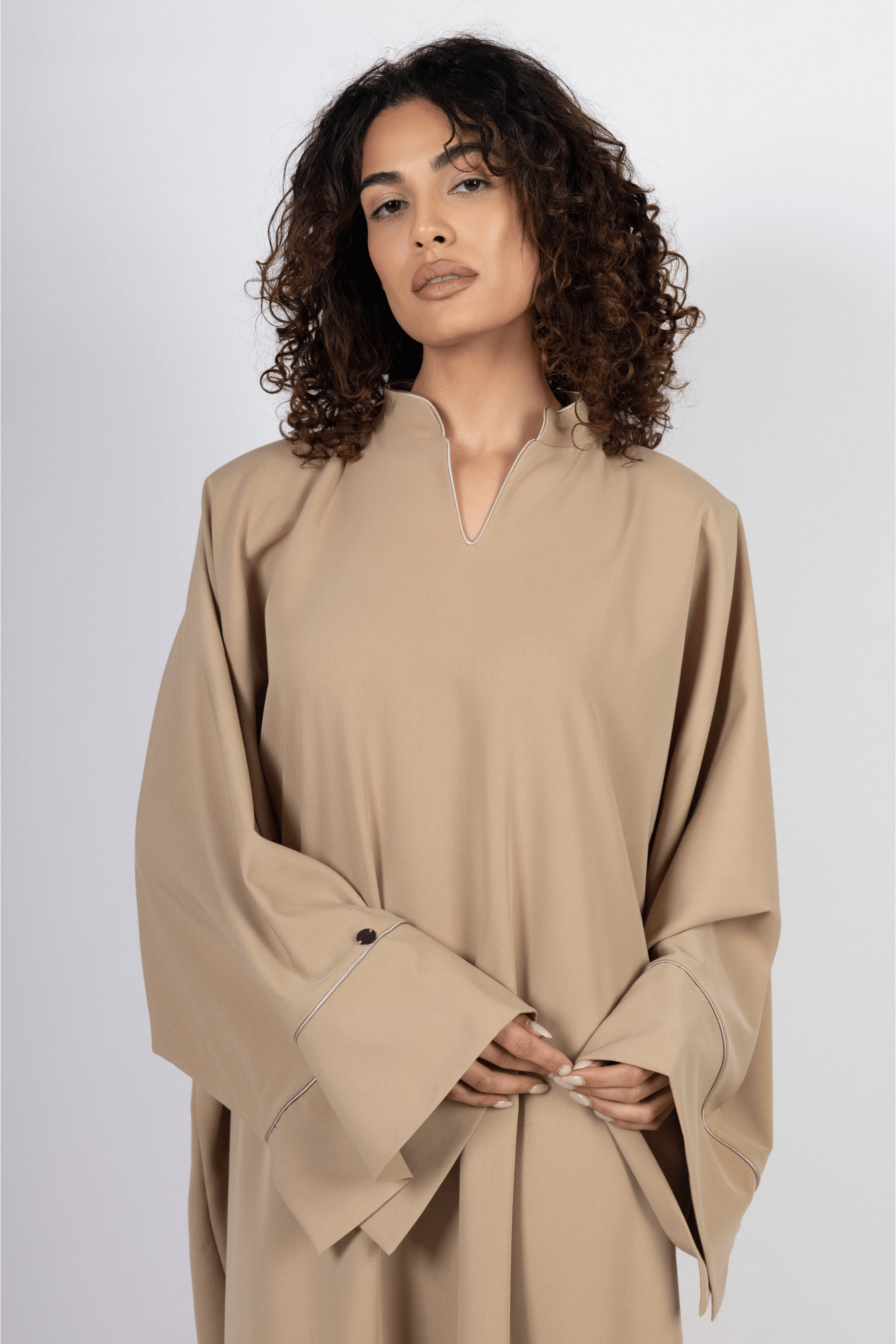 Layali Abaya – Beige with Beige Trim