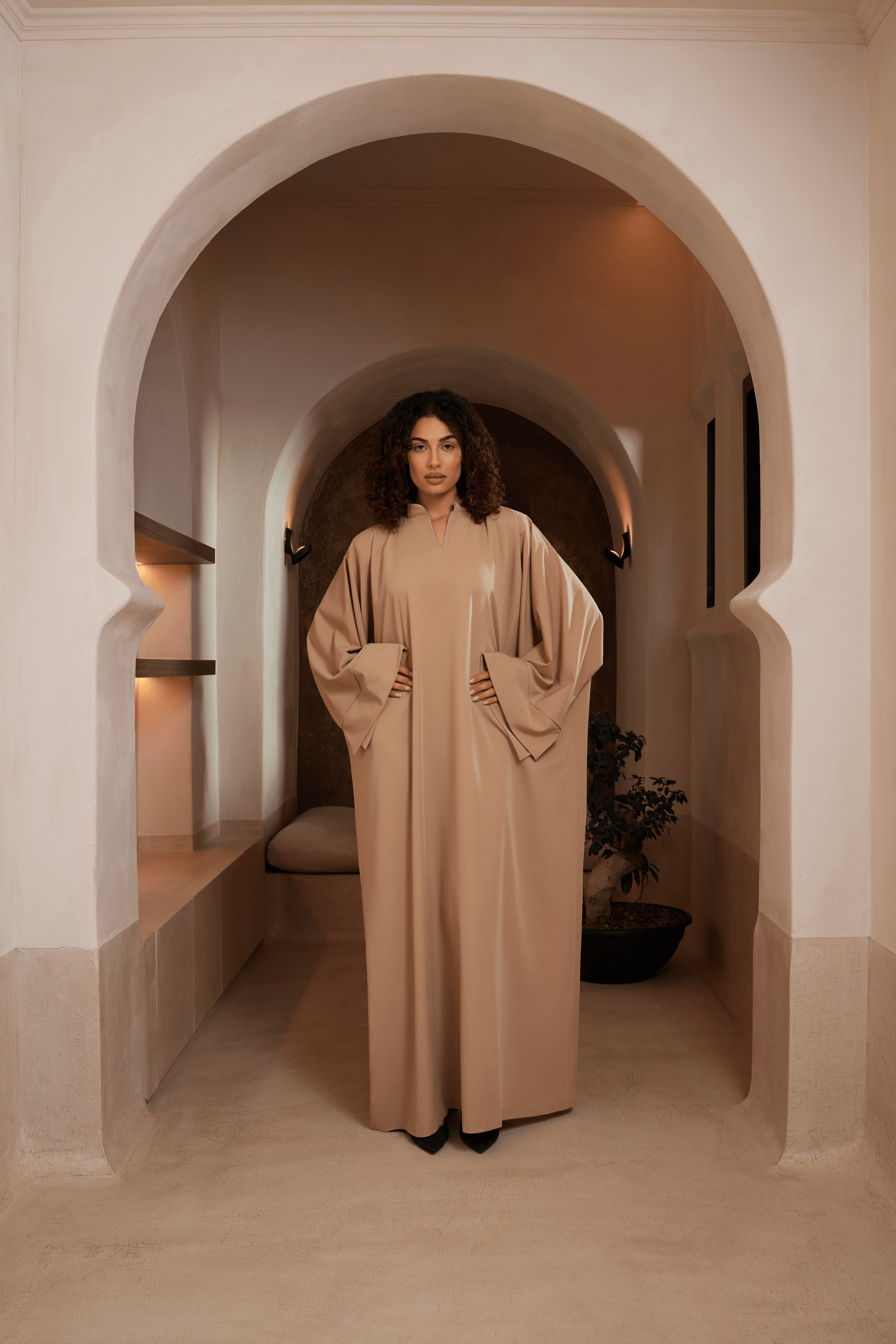 Layali Abaya – Beige with Beige Trim